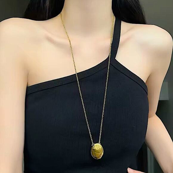 Gold Minimalist Long Oval Sweater Necklace Stainless Steel Pendant Waterproof - Picture 8 of 8